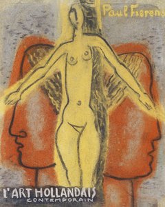 Mujer desnuda entre dos cabezas de hombres que miran en direcciones opuestas (1933), de Leo Gestel.