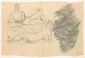 Hombre y mujer desnudos en la playa rodeados de gaviotas de Leo Gestel