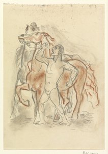 Un hombre desnudo sujeta a dos caballos de Leo Gestel