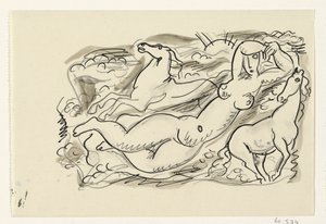 Mujer desnuda y dos caballos en el mar de Leo Gestel