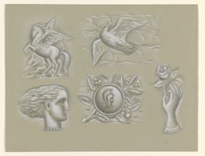 Pegaso, paloma, cabeza de mujer, escudo y mano con rosa de Leo Gestel