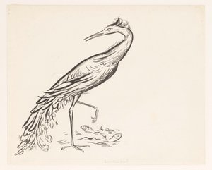 Garza al borde del agua con dos peces junto a sus patas de Leo Gestel
