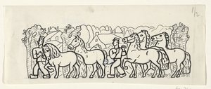 Dos granjeros conducen sus caballos a través de un pueblo de Leo Gestel