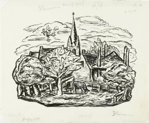 Viñeta para la biografía de Gestel por el Prof. W. van der Pluym
Sin título (Vista del pueblo de Blaricum con una vaca pastando) de Leo Gestel