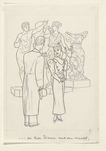 Mujer y hombre delante de tres estatuas de Leo Gestel