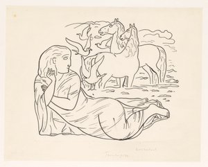 Mujer tumbada en la playa con dos caballos y unas gaviotas de Leo Gestel