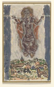 Mujer con los brazos abiertos sobre un paisaje de Leo Gestel