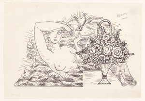 Desnudo femenino en ondas soltando un pájaro, en primer plano una cesta de flores de Leo Gestel