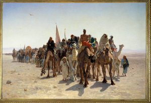 Peregrinos yendo a La Meca Caravana de viajeros en camellos en el desierto