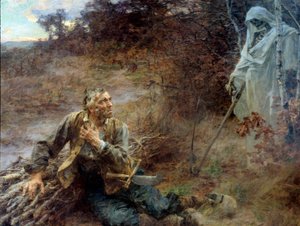 La muerte y el leñador. Ilustración para la fábula de Jean de La Fontaine (1621-1695) Pintura de Leon Augustin Lhermitte (1844-1925) 1893, 2.06 x 2.42 m Chateau Thierry, museo La Fontaine