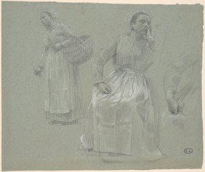 Estudio de dos mujeres, una sentada y otra sosteniendo una cesta de Leon Augustin Lhermitte
