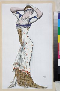 Diseño de un vestido moderno - Obra de Leon Bakst (1866-1924), litografía hacia 1910 - (Diseño de un vestido moderno, Litografía en color de Leon Bakst