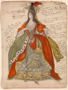 Traje preparatorio de reina, para el ballet ""La belle au bois dormant"" de Piotr Tchaikovsky (1840-1893) (Diseño de vestuario para el ballet La Bella Durmiente de P Tchaikovsky) - Obra de Leon Bakst (1866-1924), lápiz y acuarela sobre papel (33x25 cm) de Leon Bakst