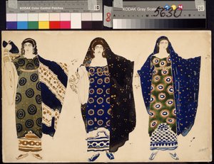 Trajes de mujer para el drama "Edipo en Colone" de Sófocles (497 o 496-407 o 406 a. C.) (Diseño de vestuario para el drama Edipo en Colone de Sófocles). Dibujo de Leon Blakst (1866-1924). Acuarela sobre papel, 28,2 x 44 cm de Leon Bakst