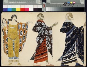 Trajes de hombre para el drama ""Edipo en Colone"" de Sófocles (497 o 496-407 o 406 aC) (Diseño de vestuario para el drama Edipo en Colono de Sófocles). Dibujo de Leon Blakst (1866-1924). Acuarela sobre papel, 28,2 x 44,6 cm de Leon Bakst