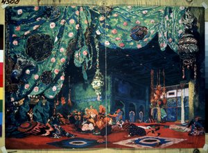 Set para el ballet ""Sheherazade"" de Nicolas (Nikolai) Rimski Korsakov (Rimski-Korsakov) (1844-1908) de Después de los cuentos de las mil y una noches. (Escenografía para el ballet Sheherazade de N.Rimsky Korsakov (Rimsky-Korsakov). Dibujo de Leon Bakst (