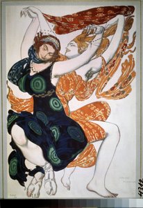 Dos beotiennes, vestuario para el ballet ""Narcisse"" de Nikolai Tcherepnin (Nicolas Tcherepnin) (1873-1945) (Dos beotiennes, diseño de vestuario para el ballet Narcisse de N.Tcherepnin). Dibujo de Leon Bakst (1866-1924). Acuarela, gouache, oro y plata sob de Leon Bakst