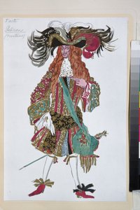 Galisson, vestuario para el ballet La Bella Durmiente de Piotr Tchaikovsky - Obra de Leon Bakst (1866-1924), litografía 1921 - (Galisson, diseño de vestuario para el ballet La Bella Durmiente de Tchaikovsky, de Leon Bakst, Litografía en color