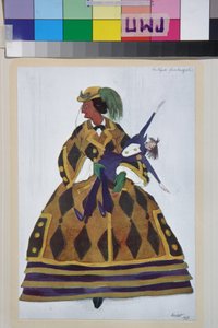 La inglesa, vestuario para el ballet la boutique fantasque de Gioachino Rossini - Obra de Leon Bakst (1866-1924), litografía 1919 - (Diseño de vestuario para el ballet ""The Magic Toy Shop"" de Gioachino Rossini, de Leon Bakst, Color litografía de Leon Bakst