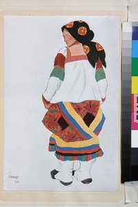 Mujer campesina, diseño de vestuario para el Vaudeville Old Moscow, en el teatro Femina, París (Francia) - Obra de Leon Bakst (1866-1924), litografía 1922 - (Mujer campesina, Diseño de vestuario para el Vaudeville Old Moscow, en el Teatro Femina en París,  de Leon Bakst