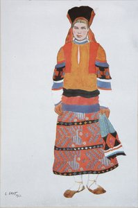 Mujer campesina. Diseño de vestuario para el Vaudeville Viejo Moscú en el Théâtre Femina en París, 1922 de Leon Bakst