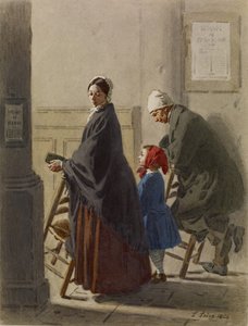 Hombre, mujer y niña rezando en la iglesia, 1864