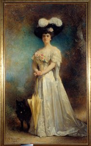 Retrato de cuerpo entero de Madame Maurice Pascal y su perro Tiny. Pintura de Leon Joseph Bonnat (1833-1922) 1905. Dim. 2,17x0,9 m Pau, museo de Bellas Artes de Leon Joseph Florentin Bonnat