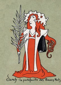 Caricatura de Henriette Rosine Bernard dit Sarah Bernhardt (1844-1923) como cartera de Bellas Artes - Ilustración de Leon Lebegue (1863-1944) - Grabado en "Le sun-du-dimanche" de Leon Lebegue