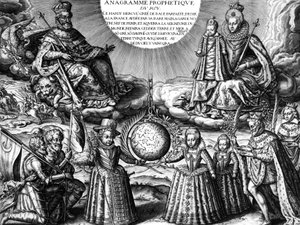 Familia real francesa en 1607 (propaganda): el rey francés Enrique IV y su esposa la reina María de Médicis sosteniendo a su hija Cristina; abajo: sus otros hijos: el futuro Luis XIII, Isabel y Enriqueta María. A la derecha: el rey seguido por su enfermo