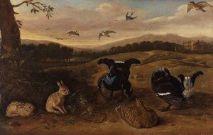Caza negra, conejos y golondrinas en un parque de Leonard Knyff