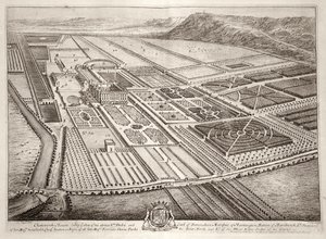 Casa Chatsworth, sede de William Cavendish (1640-1707) 1er Duque de Devonshire, grabado por Johannes Kip de Leonard Knyff