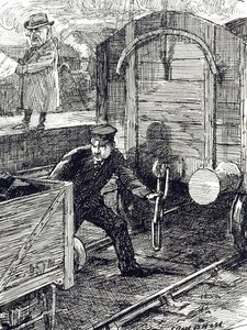 Una viñeta que comenta los accidentes de los ferroviarios. Ilustrado por Leonard Raven-Hill (1867-1942), artista, ilustrador y caricaturista inglés del siglo XX. de Leonard Raven Hill