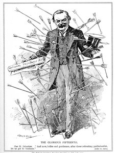 Lloyd George, representado como el mártir, San Sebastián, bajo ataque por su Ley de Seguro Nacional, que entró en vigor el 15 de julio de 1912 de Leonard Raven Hill