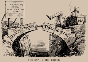 La brecha en el puente. Caricatura sobre la ausencia de EE.UU. en la Liga de las Naciones