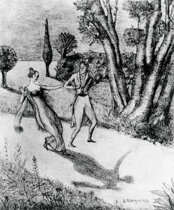 Peter, terrorífico hombre sin sombra, ilustración para La historia milagrosa de Peter Schlemihl, novela de Adalbert von Chamisso (1781-1838), litografía según pintura de Leonardo Borgese (1904-1986), publicada por Modiano. de Leonardo Borgese