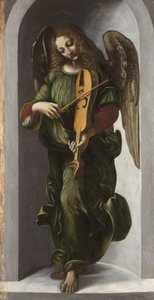 ""An Angel in Green Playing the Old (Old)"" Pintura del séquito de Leonardo da Vinci (Leonardo da Vinci) (1452-1519) alrededor de 1490-1499 Galería Nacional de Londres de Leonardo da (circle of) Vinci