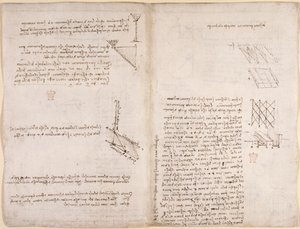 Arundel 263, f.120v, f.121 Notas y diagramas sobre mecánica, sobre la velocidad de los líquidos, c.1503-6 (pluma y tinta sobre papel) de Leonardo da Vinci