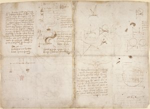 Arundel 263, f.135v, f.134, Apuntes y esquemas de mecánica; notas y bocetos esquemáticos sobre los cursos de los ríos y el flujo de agua, de 