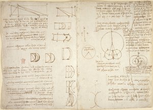 Arundel 263, f.222v, f.219, Dibujos sobre las potencias y fuerzas mecánicas, percusión, gravedad, movimiento, óptica y astronomía, con diversas proposiciones aritméticas y geométricas (pluma y tinta sobre papel) de Leonardo da Vinci