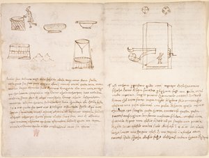 Arundel 263, f.259v, f.260 Notas y bocetos toscos sobre el proceso de producción de salitre para preparar pólvora (no de mano de Leonardo) (pluma y tinta sobre papel) de Leonardo da Vinci