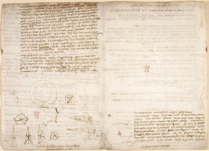Arundel 263, f.266v, f.267 Notas sobre cosmología (al revés); diagramas que ilustran las observaciones de Leonardo sobre el centro de gravedad, del 