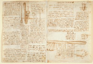 Arundel 263 f.269v, f.264 Notas y boceto sobre un dispositivo hidráulico, de 