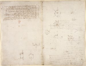Arundel 263, f.35v, f.34 Dibujos sobre las potencias y fuerzas mecánicas, la percusión, la gravedad, el movimiento, la óptica y la astronomía, con diversas proposiciones aritméticas y geométricas. de Leonardo da Vinci