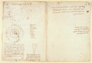 Arundel 263 f.44v, f.59 Bosquejo de un ojo y una nariz de un rostro de perfil; notas sobre el agua, de 