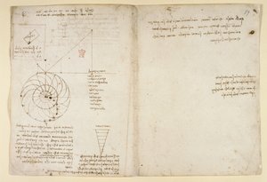 Arundel 263, f.44v, f.59 Bosquejo de un ojo y una nariz de un rostro de perfil; notas sobre el agua, de 