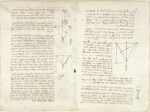 Arundel 263, f.4v, f.11, Notas y diagramas sobre mecánica de Leonardo da Vinci