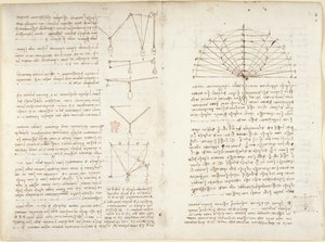 Arundel 263, f.5v, f.10v Notas y esquemas de mecánica de Leonardo da Vinci