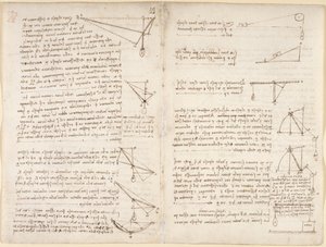 Arundel 263, f.7v, f.8 Apuntes y esquemas de mecánica de Leonardo da Vinci