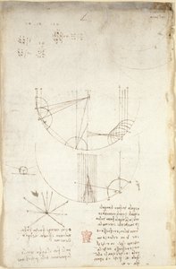 Arundel 263, f.85v Diagramas sobre óptica, referentes a las cáusticas de la reflexión; nota y bosquejo sobre mecánica, referente al poder de la percusión y con referencias al principio aristotélico 