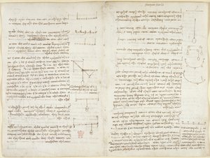 Arundel 263, f.8v, f.7 Apuntes y esquemas de mecánica de Leonardo da Vinci